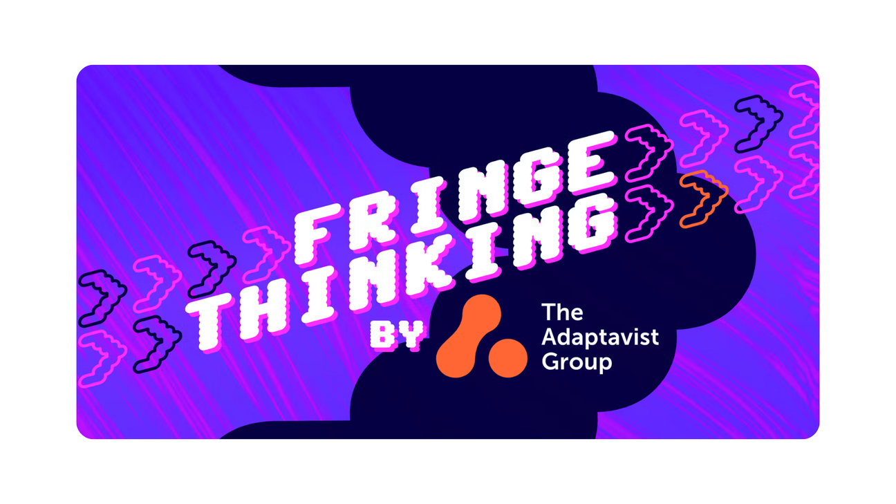 Stylised text on a purple and navy graphic background: Fringe Thinking by The Adaptavist Group