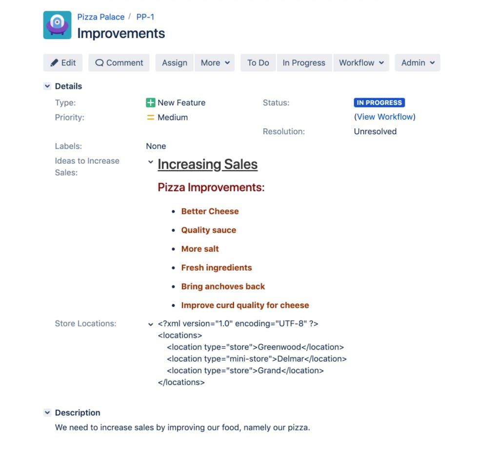 A screenshot of a Jira ticket about pizza sales