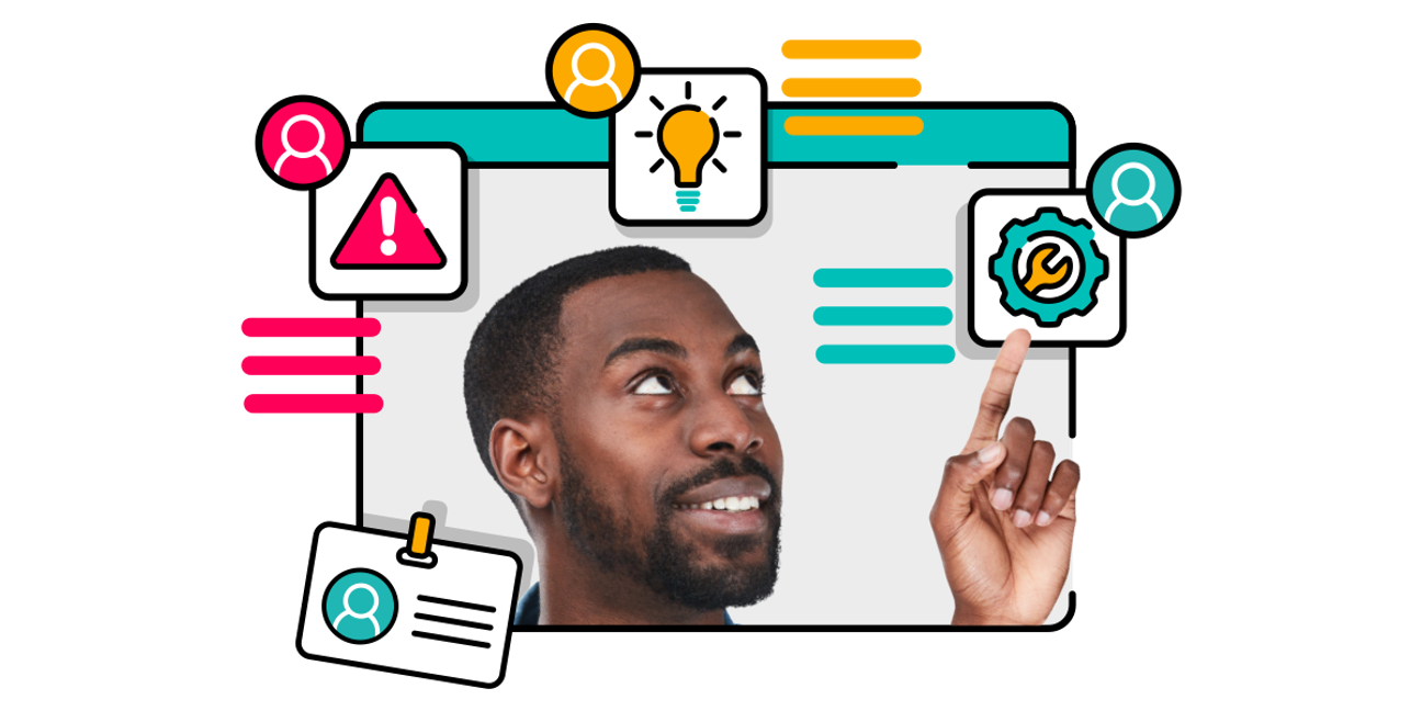 A person's face in a computer window surrounded by various tech-themed icons