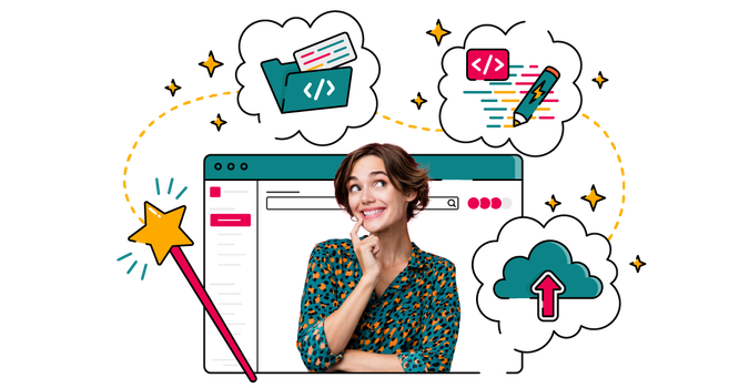 Illustration of a person smiling thoughtfully in front of a stylised Jira window, surrounded by cartoon thought bubbles. The bubbles show development‑themed icons—a folder of code, a pencil editing code, and a cloud with an upload arrow—linked by a dotted line. A magic wand and scattered sparkles suggest effortless, almost magical automation workflows.