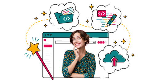 Illustration of a person smiling thoughtfully in front of a stylised Jira window, surrounded by cartoon thought bubbles. The bubbles show development‑themed icons—a folder of code, a pencil editing code, and a cloud with an upload arrow—linked by a dotted line. A magic wand and scattered sparkles suggest effortless, almost magical automation workflows.
