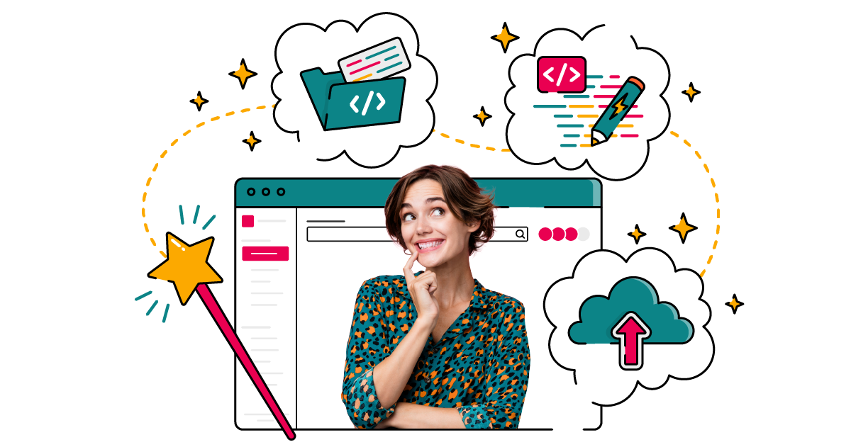 Illustration of a person smiling thoughtfully in front of a stylised Jira window, surrounded by cartoon thought bubbles. The bubbles show development‑themed icons—a folder of code, a pencil editing code, and a cloud with an upload arrow—linked by a dotted line. A magic wand and scattered sparkles suggest effortless, almost magical automation workflows.