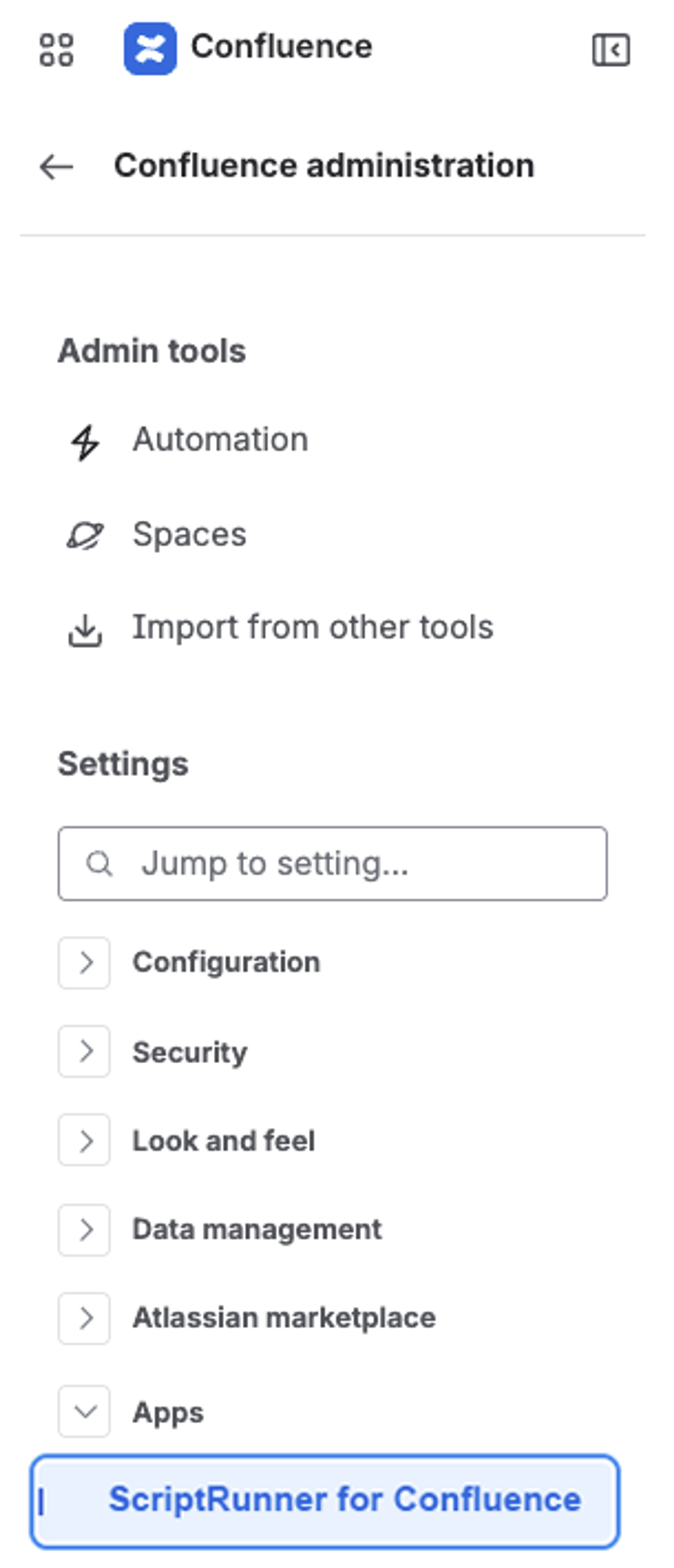 A screenshot of new UI in ScriptRunner for Confluence showing access to the app is now available from the settings menu