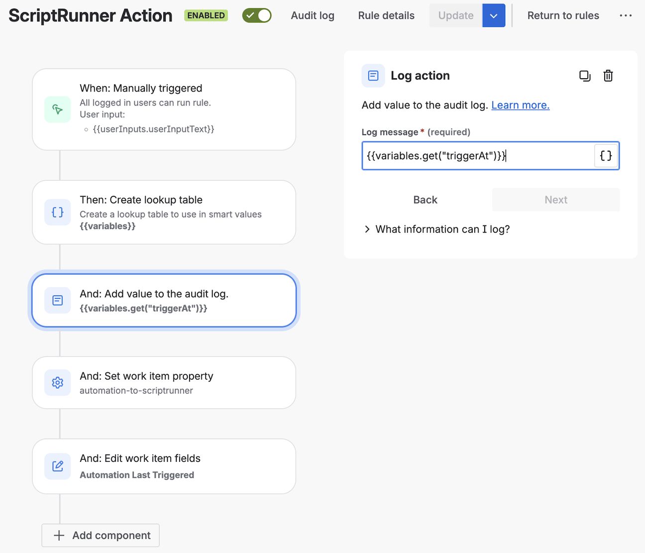 Use a Log action to log ‘triggerAt’ saved in the lookup table