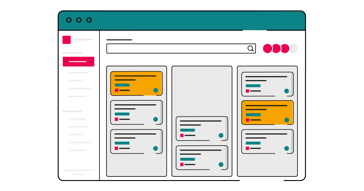 Illustrated light-themed Jira kanban board interface showing a multi-column board layout with cards, some highlighted in yellow, a left-hand navigation menu, and a top bar with a search box and circular status indicators.