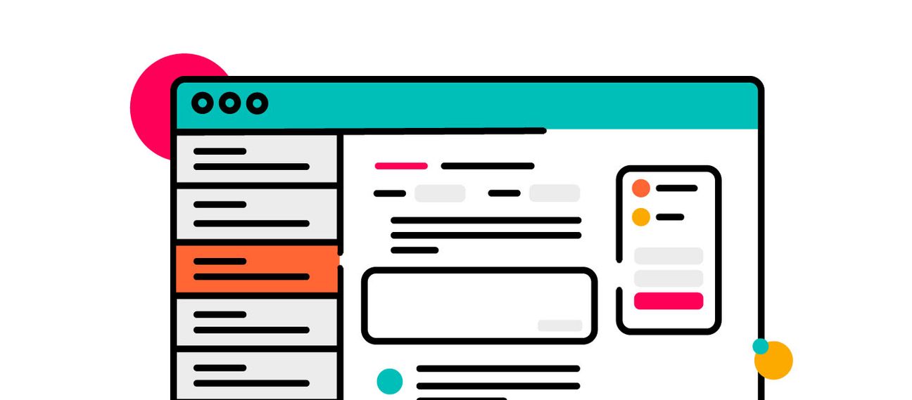 Illustration of a stylised Jira interface, showing a teal browser window with a left-hand navigation sidebar, highlighted orange menu item, central content area with text blocks and a large input box, and a smaller card-style panel on the right—accented with bright pink, teal, and yellow circular design elements.