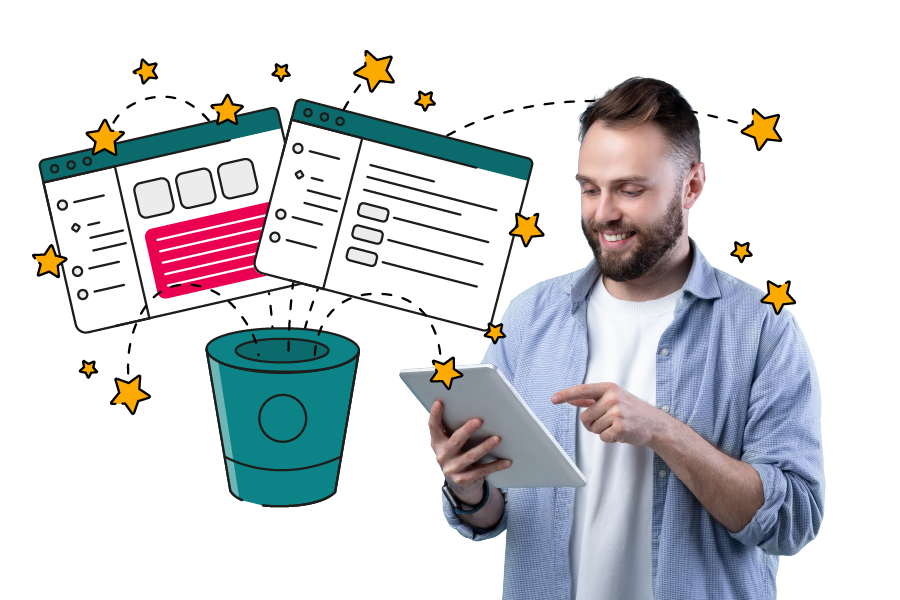 Illustration of a smiling person using a tablet, with stylised teal and pink web interfaces and an Atlassian Bitbucket‑style icon floating behind them, surrounded by yellow stars and dotted lines representing connected workflows and integrations powered by ScriptRunner.