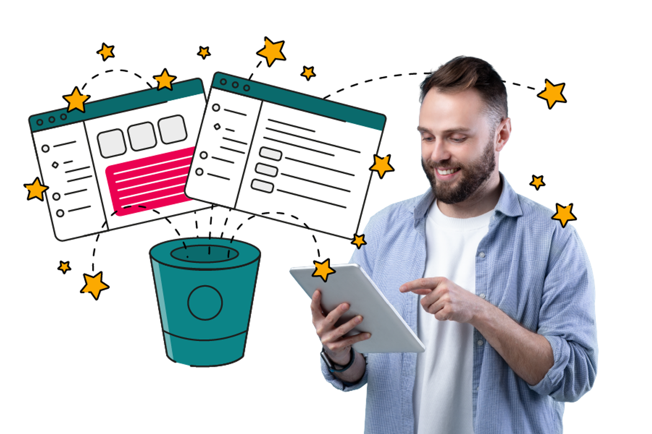 Illustration of a smiling person using a tablet, with stylised teal and pink web interfaces and an Atlassian Bitbucket‑style icon floating behind them, surrounded by yellow stars and dotted lines representing connected workflows and integrations powered by ScriptRunner.