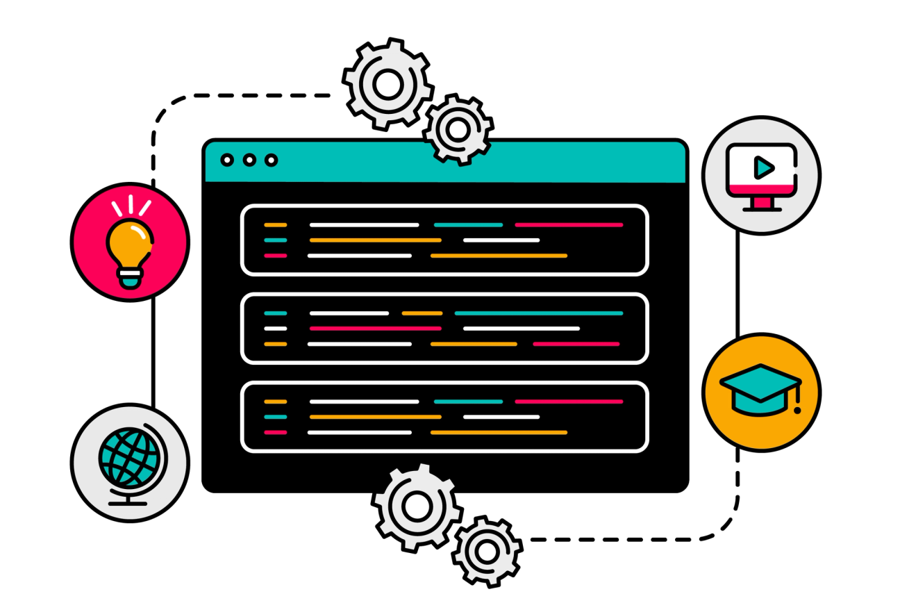 Lines of code listed on a web browser, surrounded by icons such as a lightbulb, a globe and cogs.