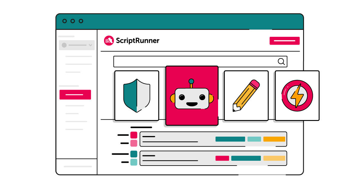 Illustration of a ScriptRunner interface in a stylised Jira window with a bright pink header and sidebar, featuring large central tiles showing icons—a shield, a smiling robot, a pencil, and a lightning bolt—and colourful bars below representing configuration and automation options. The robot tile is enlarged and highlighted in pink.