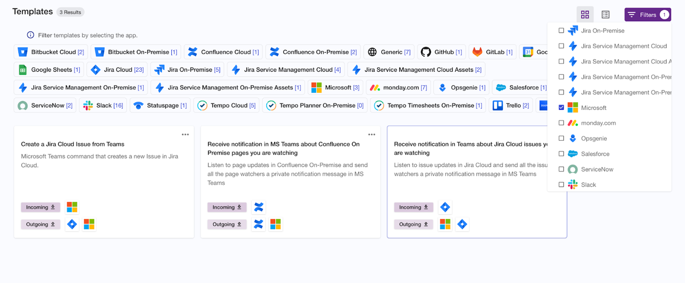 Screenshot of ScriptRunner Connect's templates with a filter applied