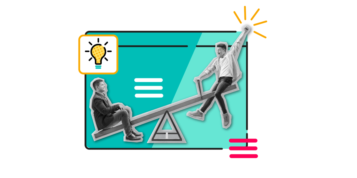 Two people on a seesaw, one has an idea and the other punches the air excitedly