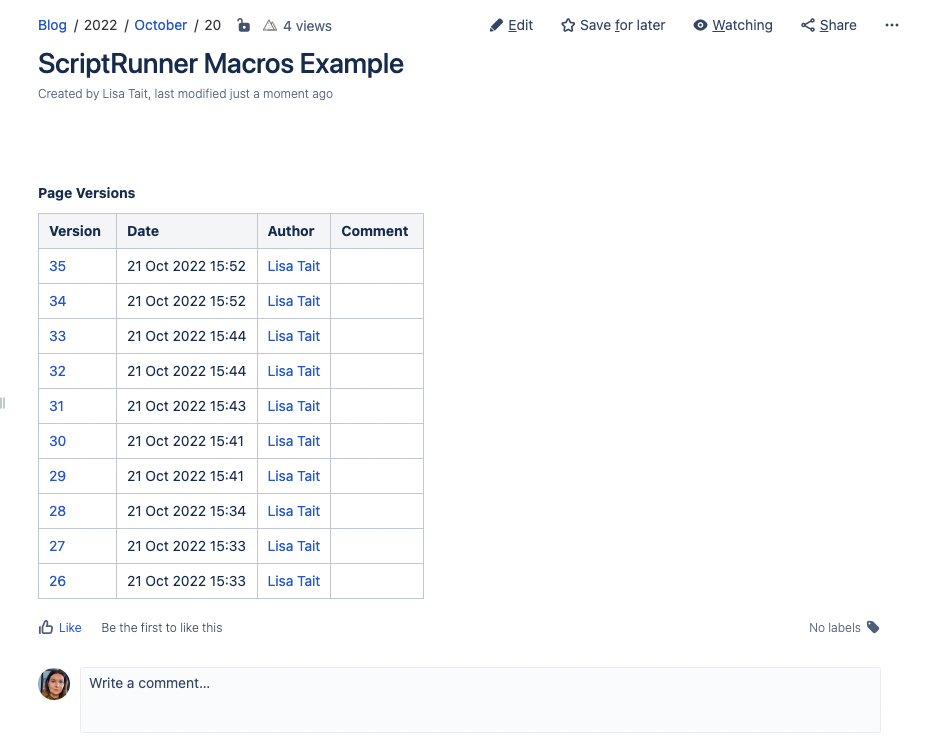 Screenshot of versions history macros in use