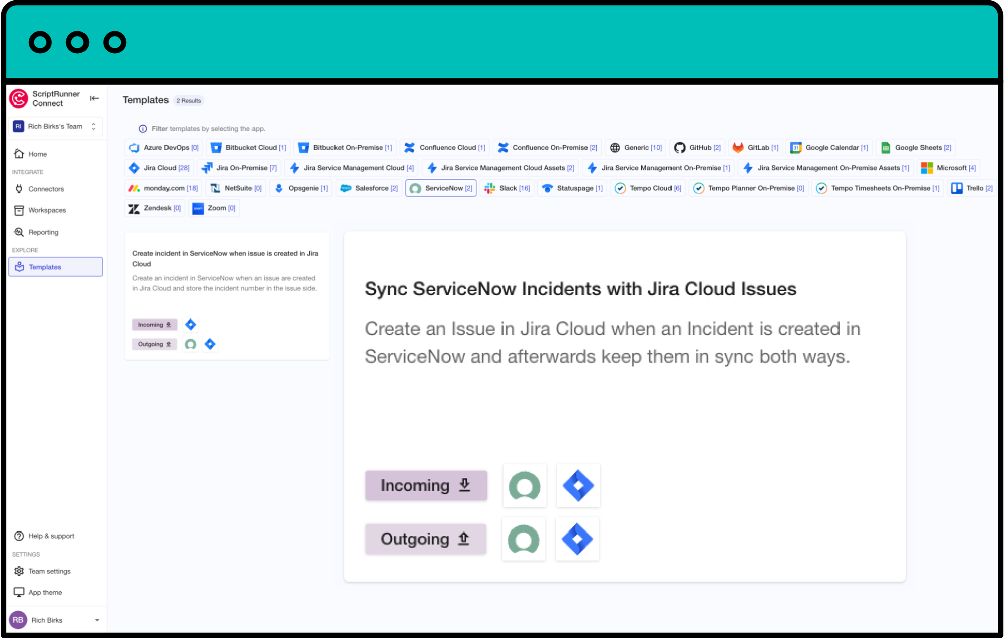 A screenshot of the templates library feature in ScriptRunner Connect showing available integration templates