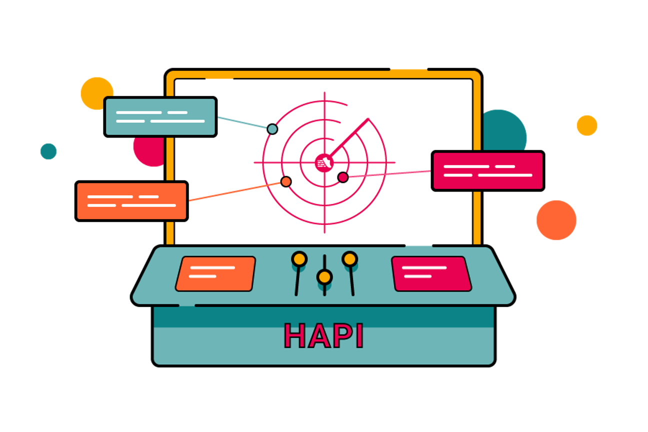 Stylised illustration of a radar or target screen on a console, with a pink circular target and several coloured call-out boxes connected by lines. The base of the console is labelled “HAPI”.