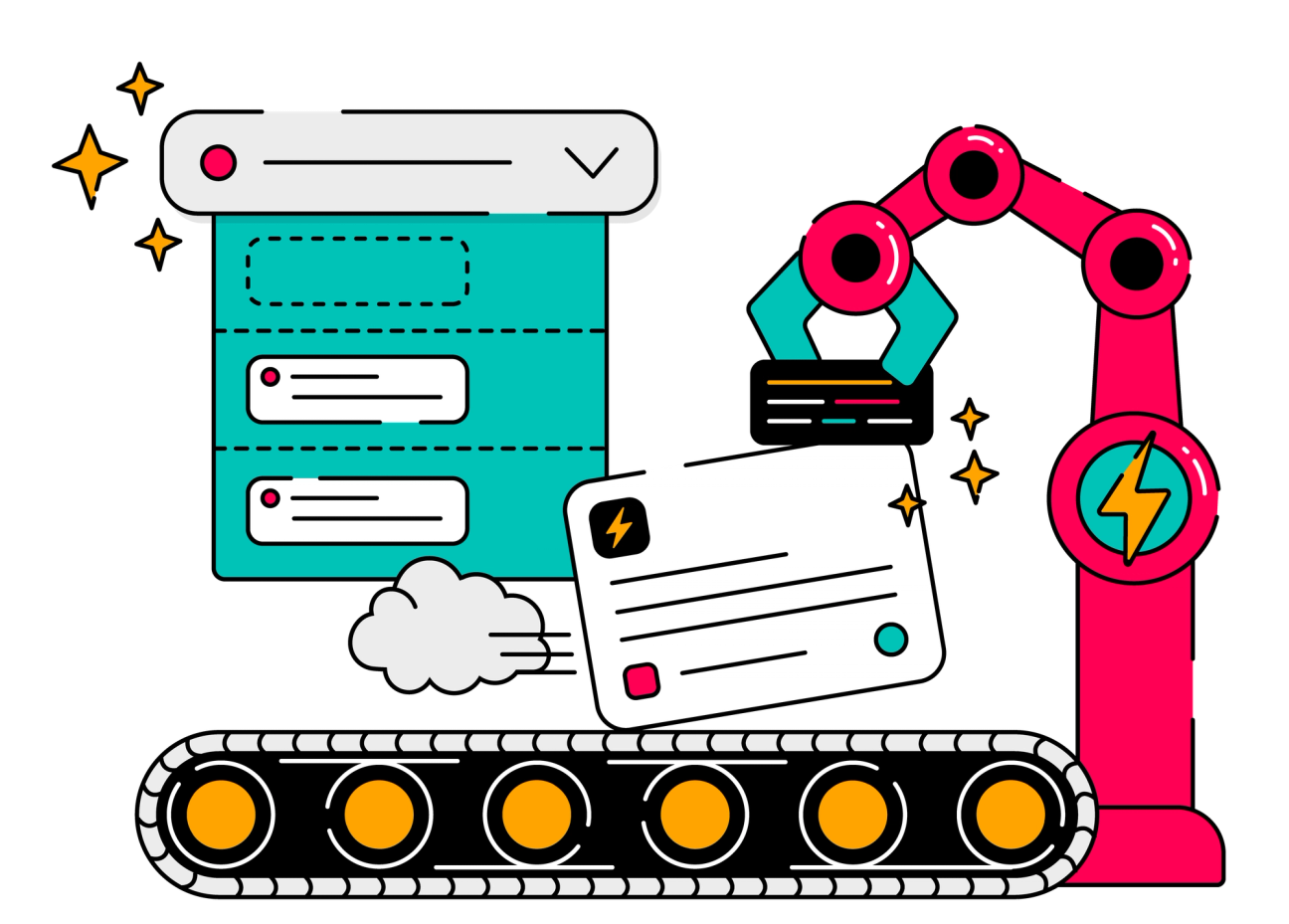 A robotic arm powered by a lightning bolt adds scripts to a Jira card which is dropped onto a moving conveyor belt