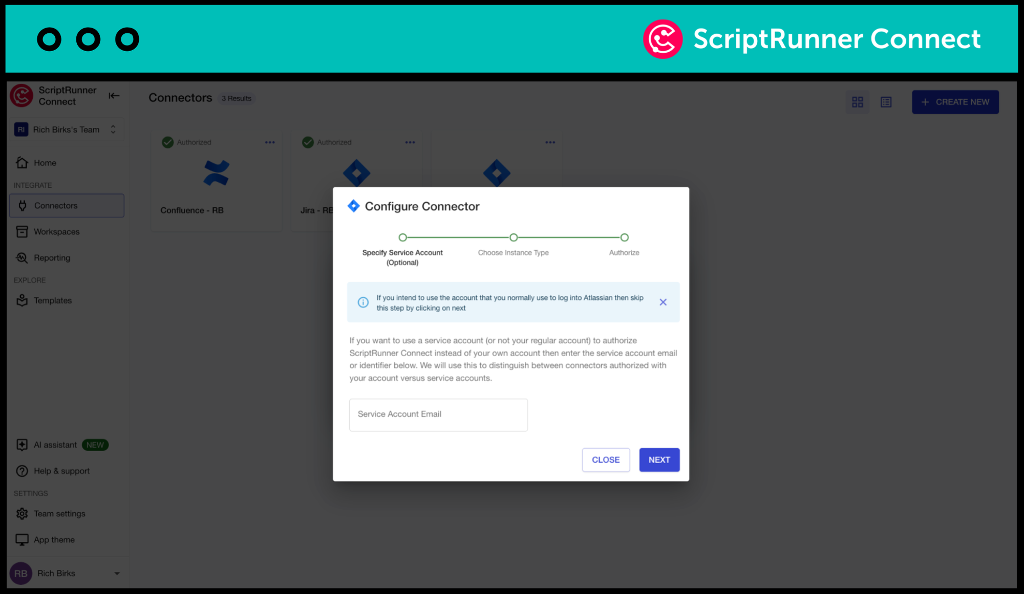 A view of how a user can configure a managed connector in ScriptRunner Connect