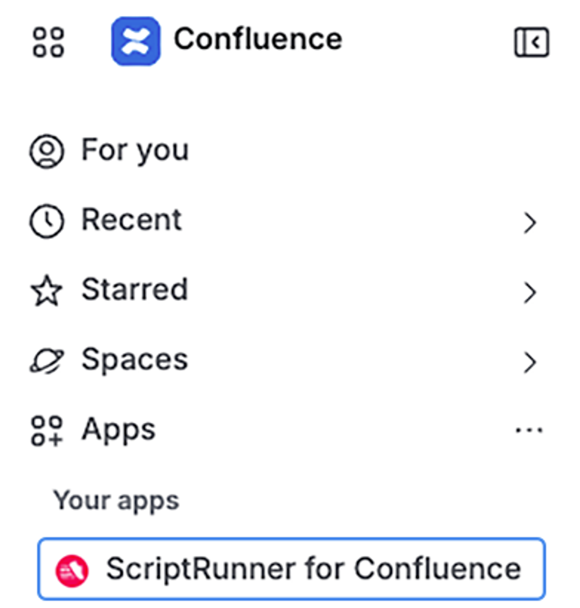 A screenshot showing new Confluence UI where the app is now accessible from the 'Your apps' menu