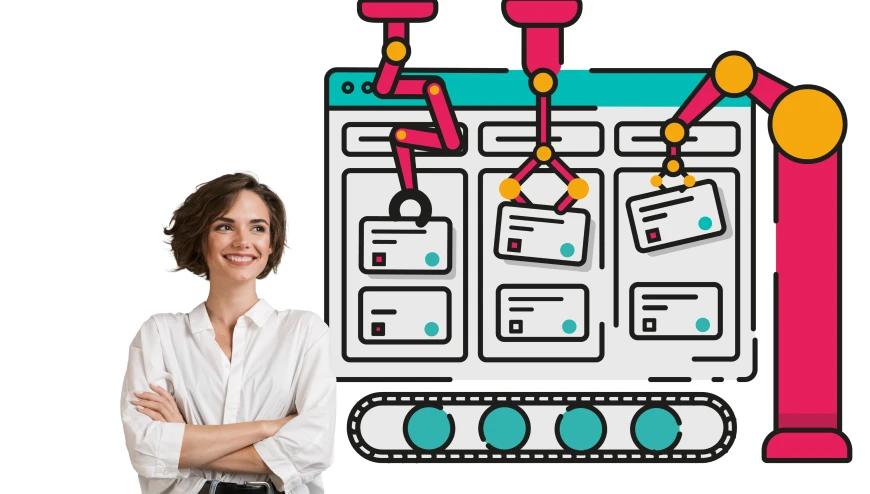 A smiling person with short hair, wearing a white shirt and standing with folded arms, is positioned beside a large illustrated Jira board. Above the board, bright pink and yellow robotic arms are shown automatically moving and sorting digital cards along a teal and grey conveyor belt, symbolising automation and efficiency.