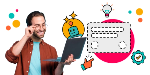 A smiling person looks towards their laptop with an illustration of a robot above it. Next to it is a light bulb with a Jira field being created within a colourful bubble which all represent the Behaviours bot assisting the person.