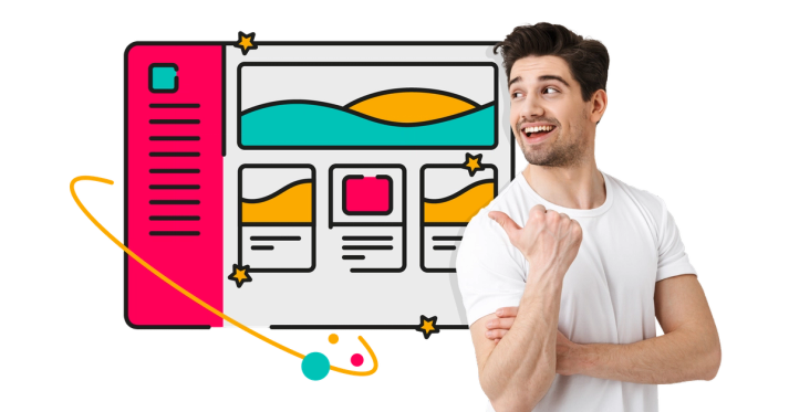 A smiling man points to an illustrated Confluence page with his thumb