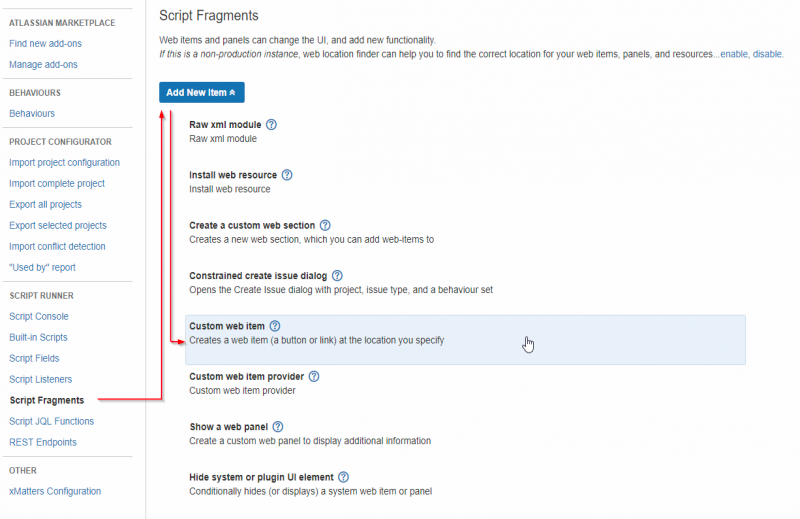 Screenshot of custom web items
