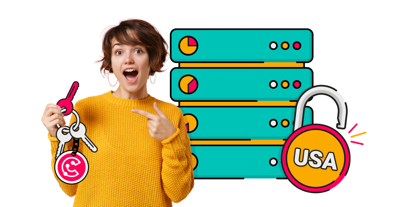 A person stands in front of a server holding a set of keys which unlocked a padlock which says USA