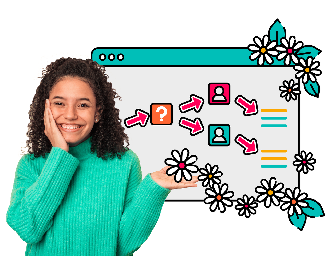 Illustration of a person in front of a floral Jira window