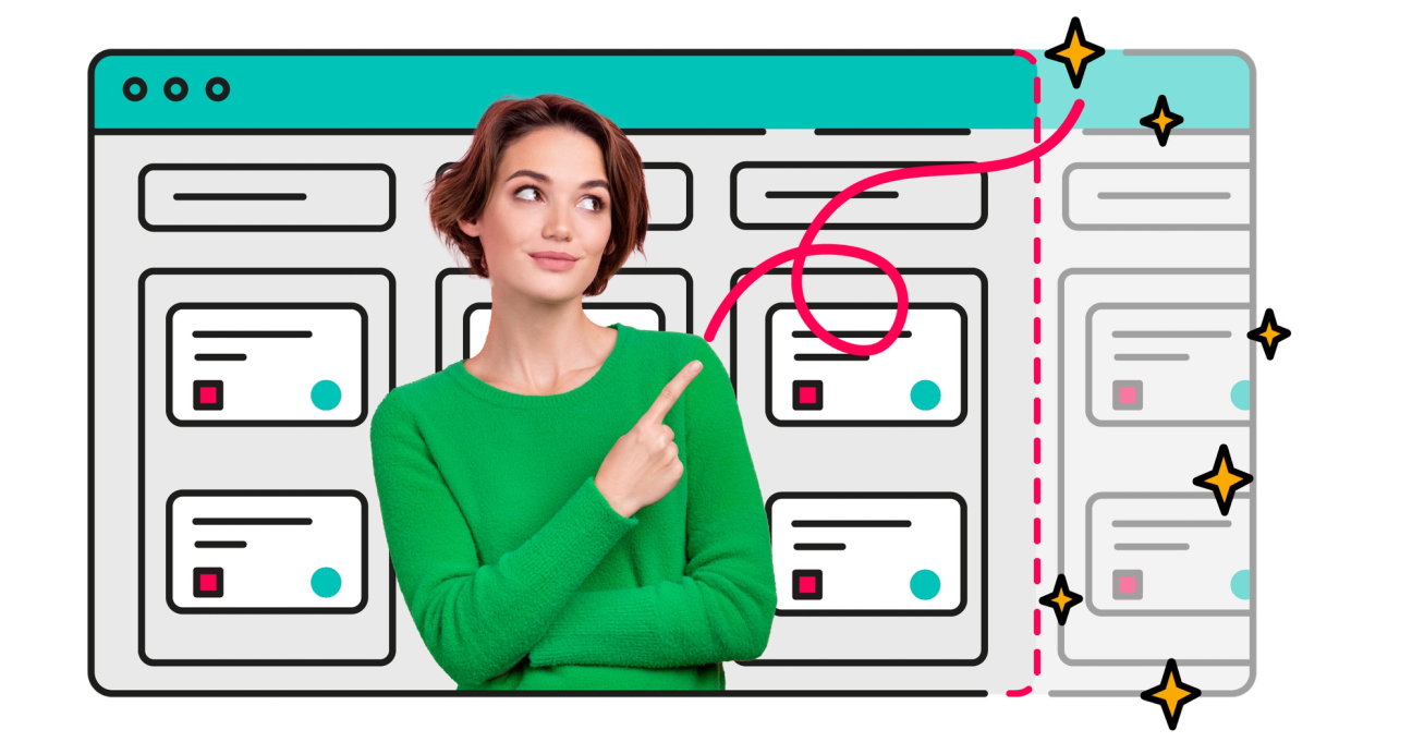 A person in a green jumper magically extending a Jira screen by pointing at it