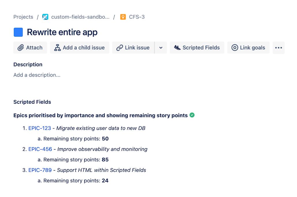 Screenshot of scripted fields with clickable links