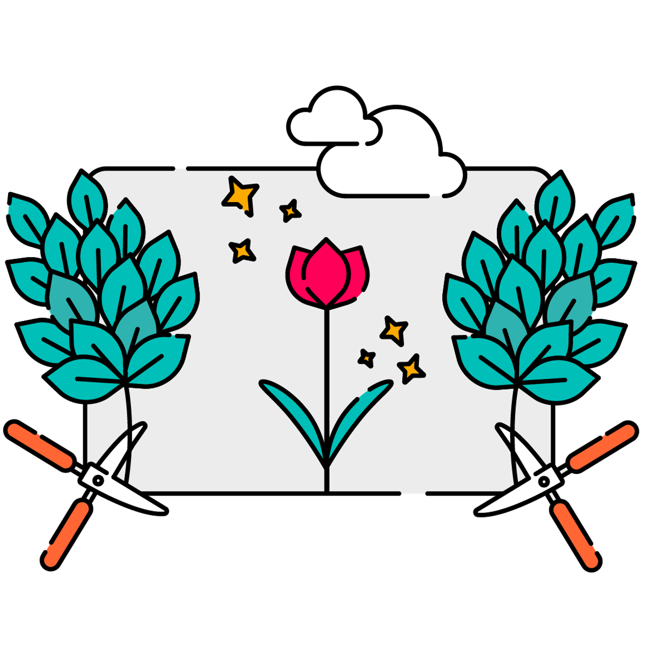 A flower in the centre of a window with weeds on either side being pruned