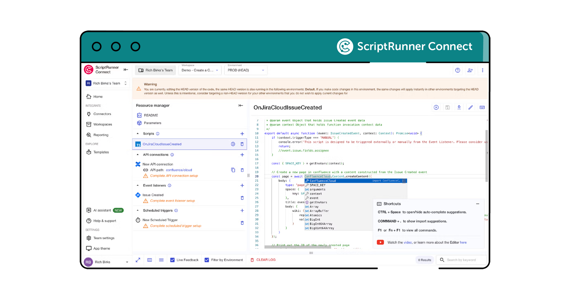 ScriptRunner Connect screenshot showing someone coding an API call