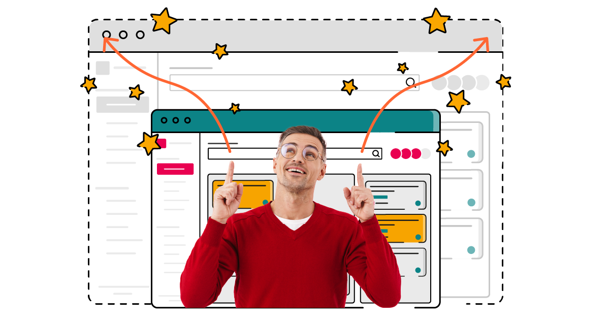 A person in a bright red jumper stands in front of an illustrated Jira window, smiling and pointing upwards with both hands. The edges of the Jira window are expanding with rising arrows and scattered yellow stars, representing extended capabilities.