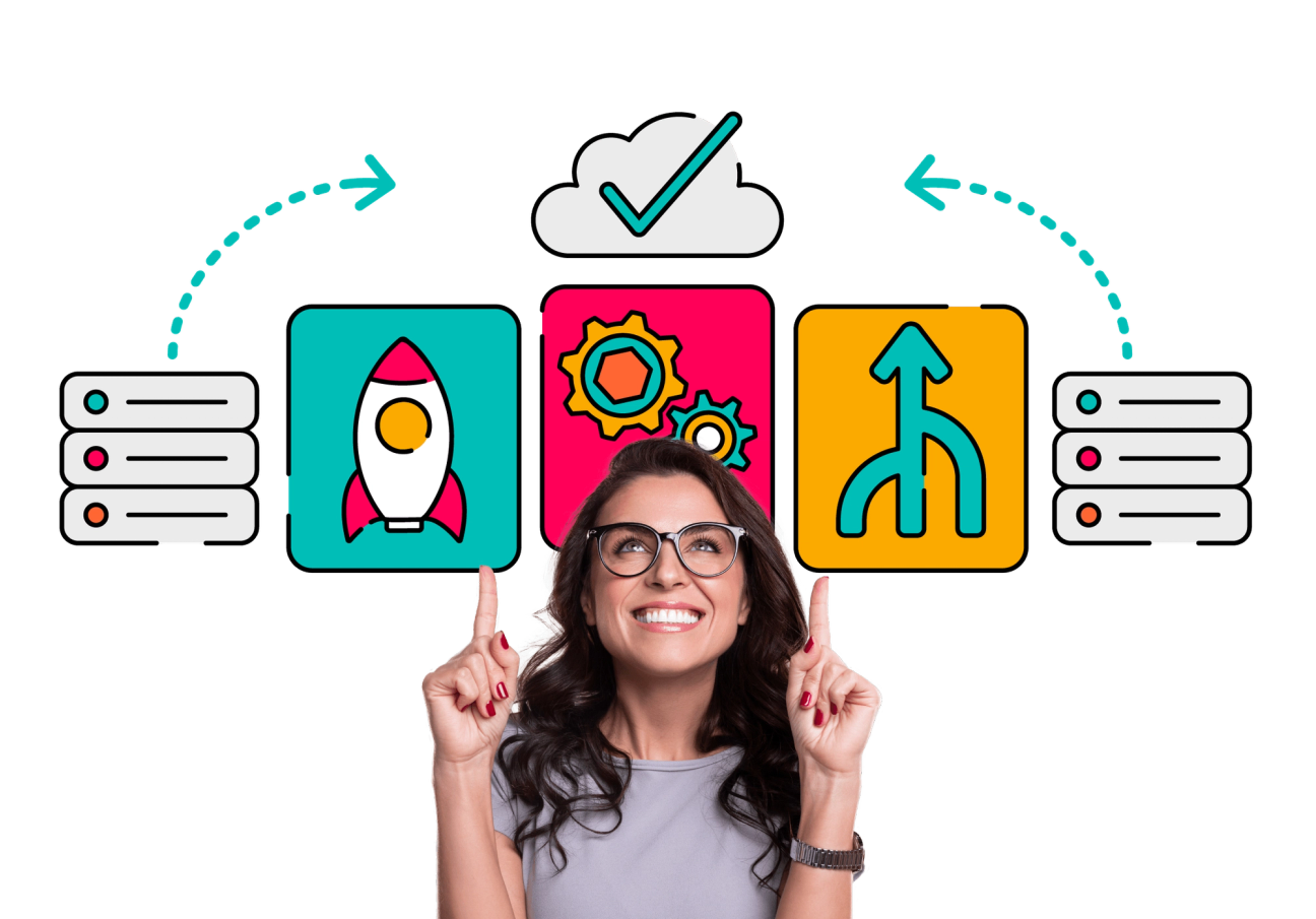 A smiling person with glasses points upwards at colourful icons of a rocket, gears, and an arrow merging into one path. Data Center servers are on either side of the icons, with arrows pointing towards a Cloud icon, suggesting technology being migrated from Data Center to Cloud.
