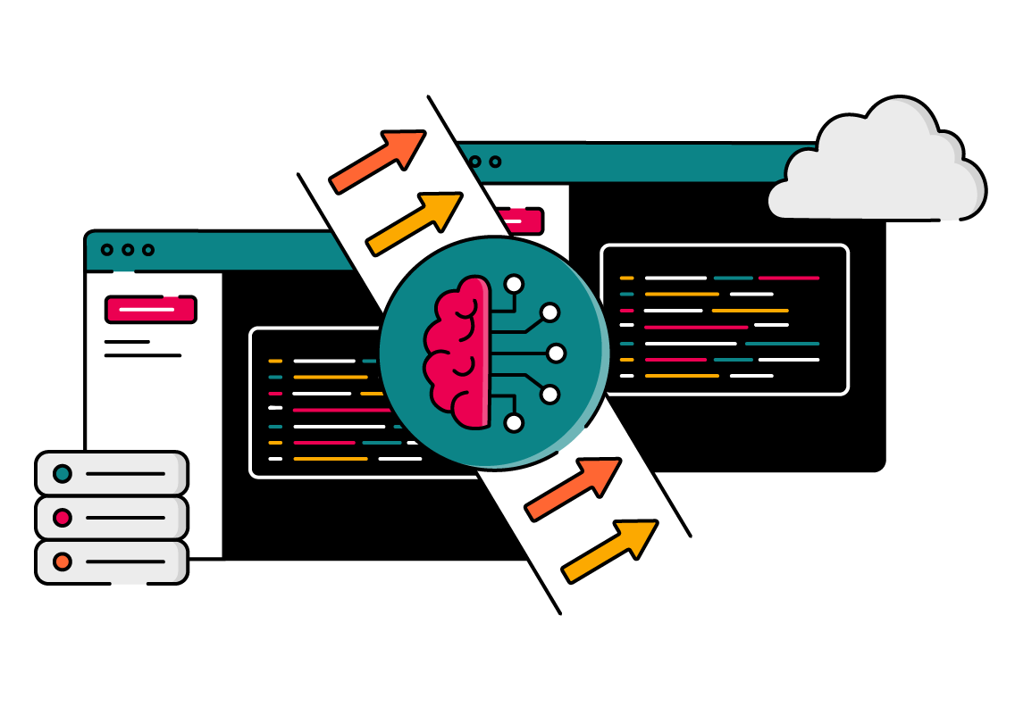 Illustrated graphic showing two stylised browser windows with colourful code snippets, a server stack on the left, and a cloud on the right. In the centre, a circular icon with a pink brain and circuit lines represents automation and AI, with diagonal strips and arrows flowing between the windows to suggest data and workflows migrating to the cloud through an intelligent scripting engine.
