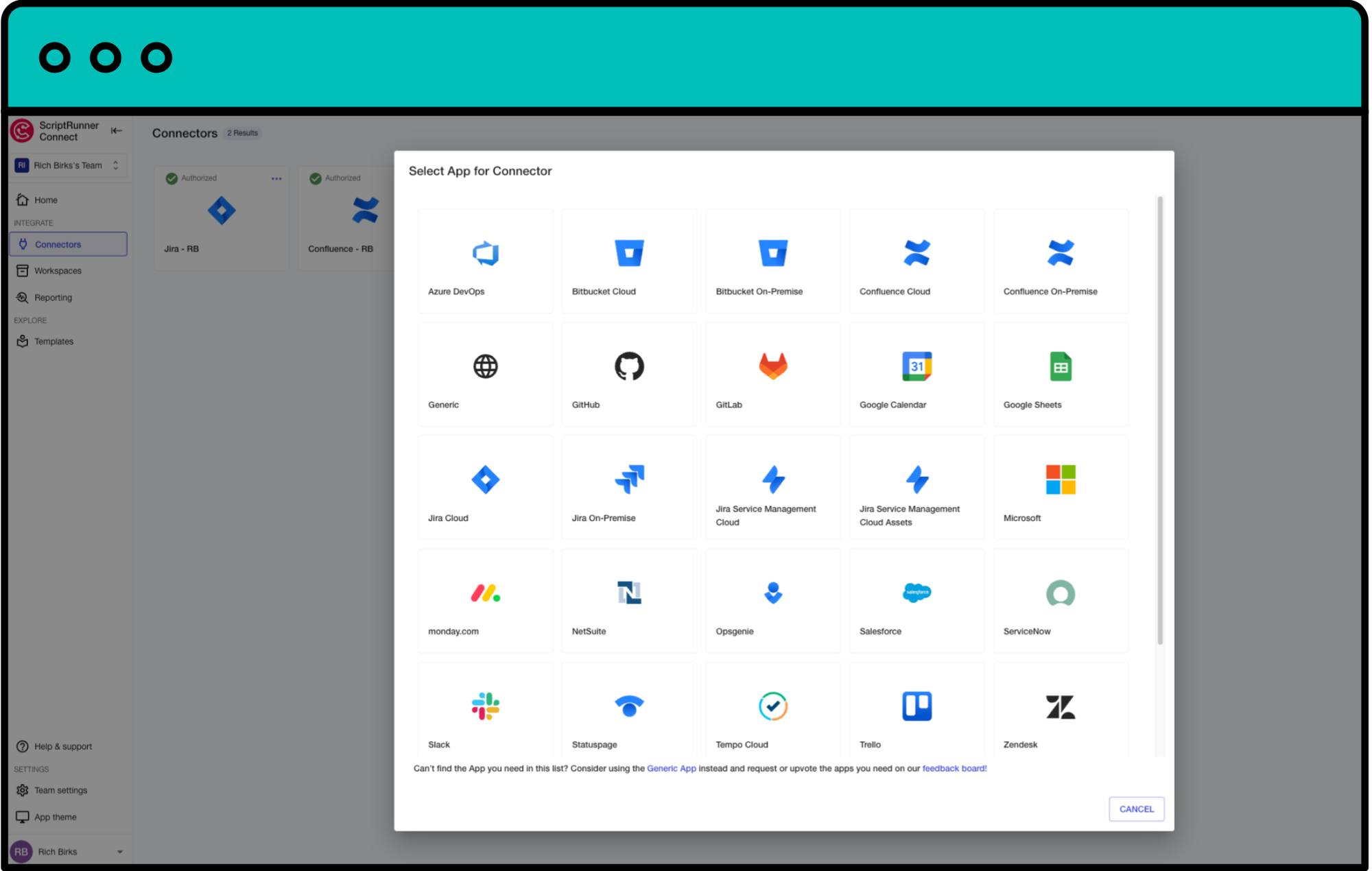 A screenshot of the connectors feature in ScriptRunner Connect showing available managed connectors and the generic connector