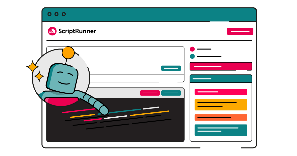 Illustration of a ScriptRunner-branded web interface with colourful panels, buttons, and code lines, featuring a smiling teal robot mascot in the foreground whose arm extends over a dark code editor area, suggesting AI assistance in scripting.
