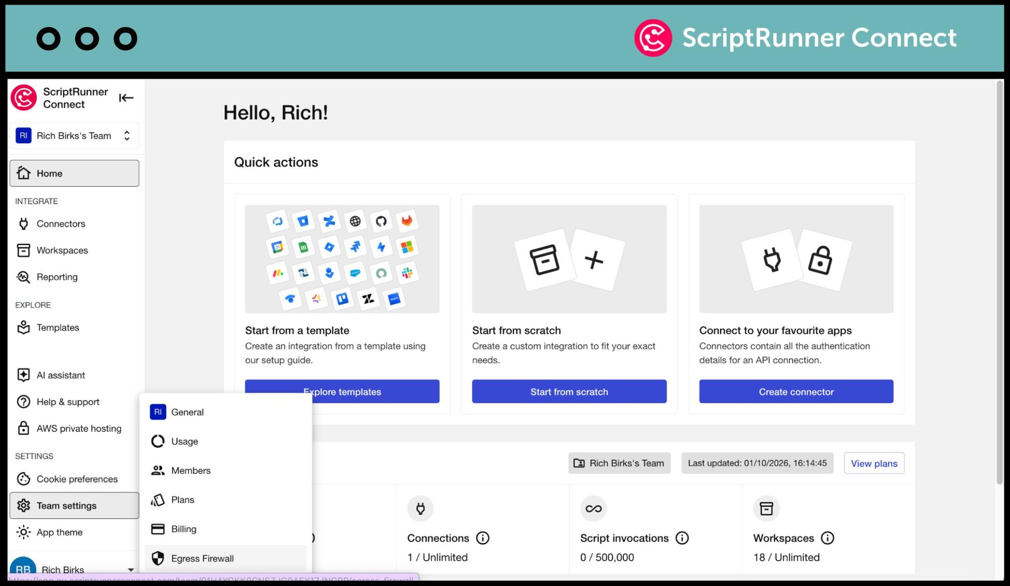 Screenshot of the Egress Firewall feature appearing in the side nav menu of ScriptRunner Connect