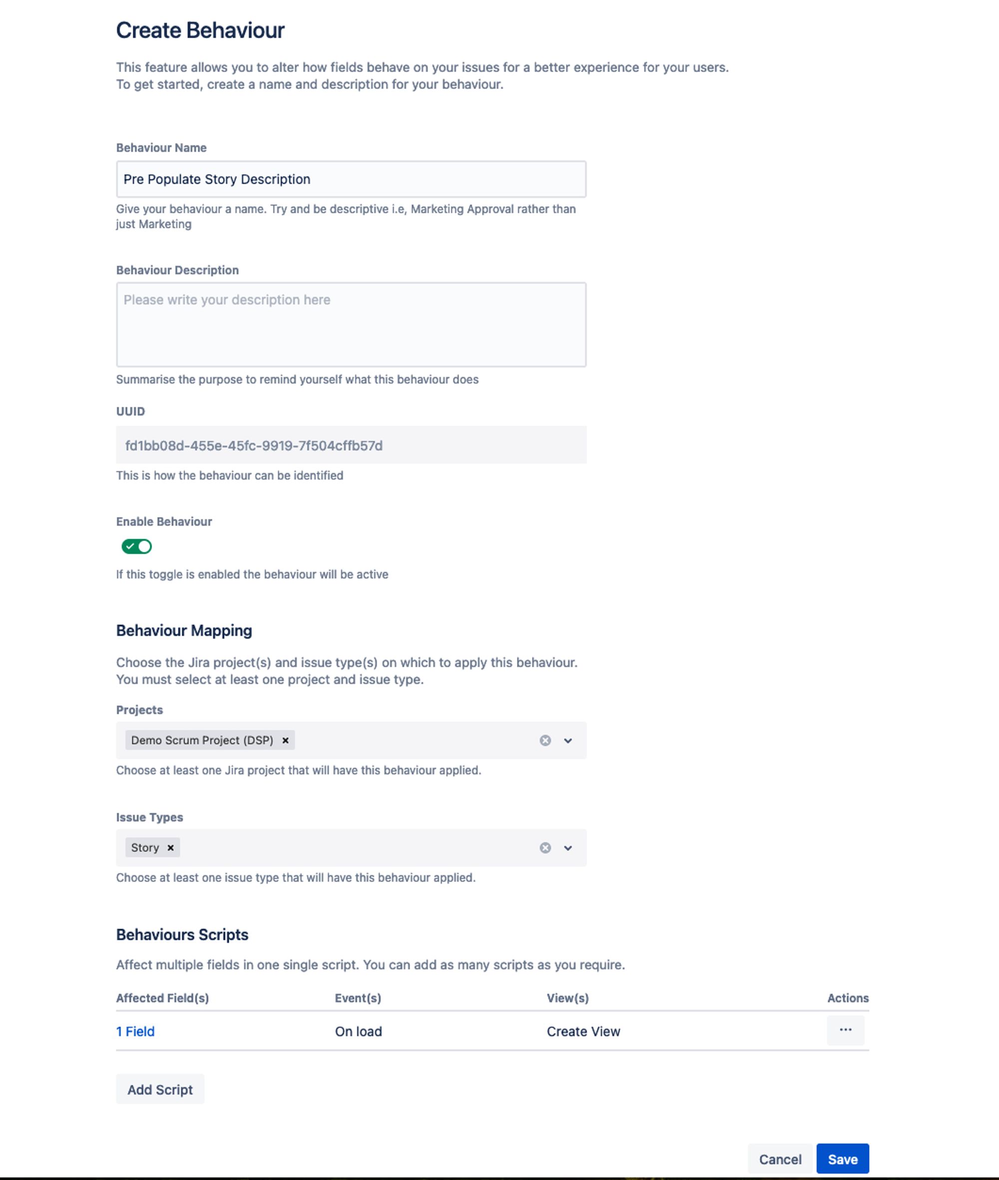 A screenshot of the settings to configure a pre-defined template used for creating story issues