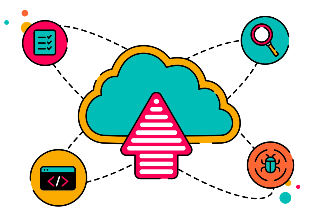 A ScriptRunner pink arrow points upwards into a cloud, surrounded by icons of a checklist, a magnifying glass, a code window, and a bug inside a target