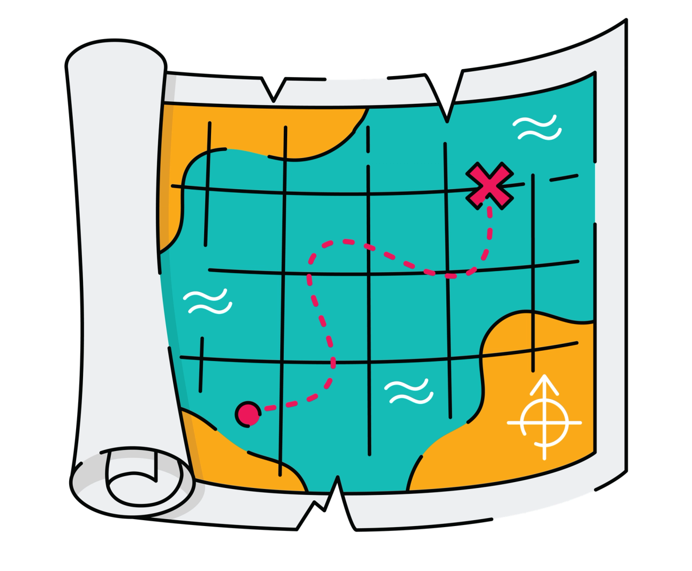 An illustration of a map scroll with a pink dotted line across the centre showing the path to a large 'X'
