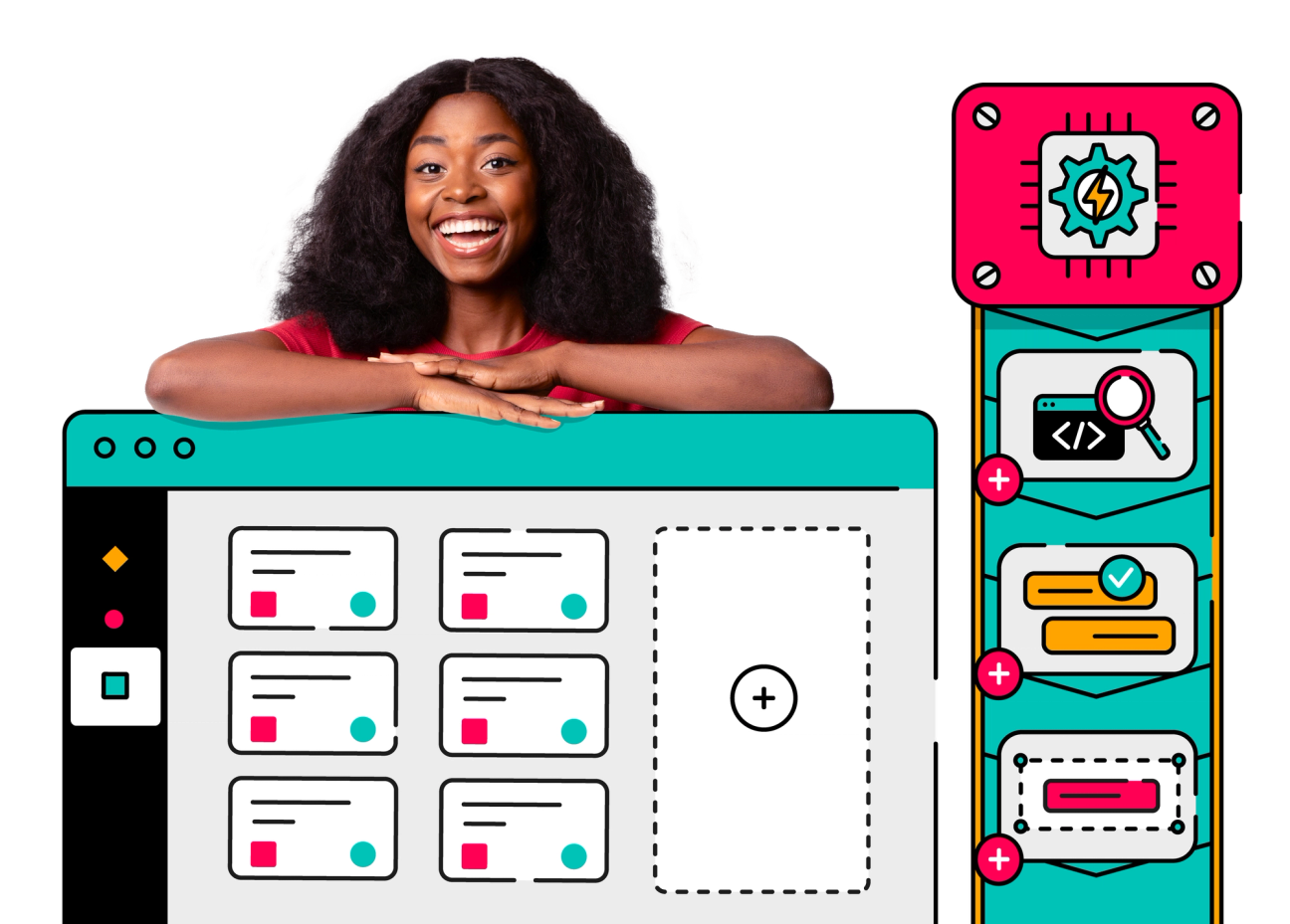 Smiling person leans on top of a Jira kanban board beside a colourful panel of app cards representing settings, including coding and search icons.