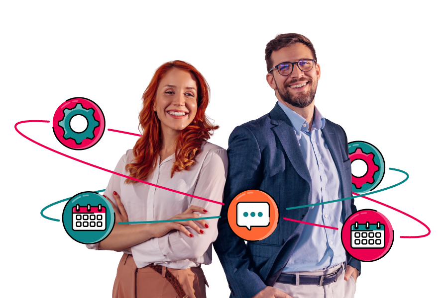 Two people in office attire standing back to back and smiling confidently, surrounded by colourful swirling lines and icons of calendars, chat bubbles, and cogs.