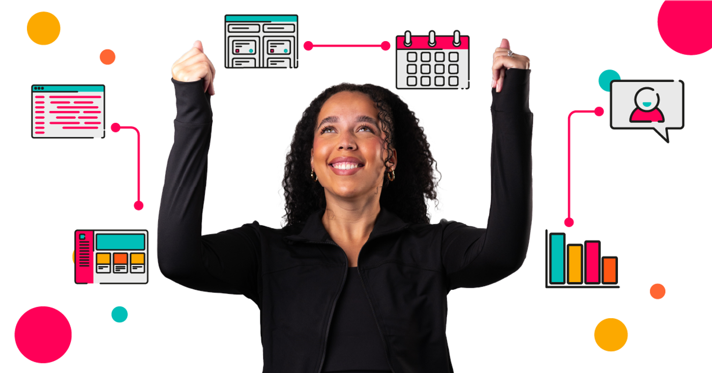 A happy woman surrounded by connected apps