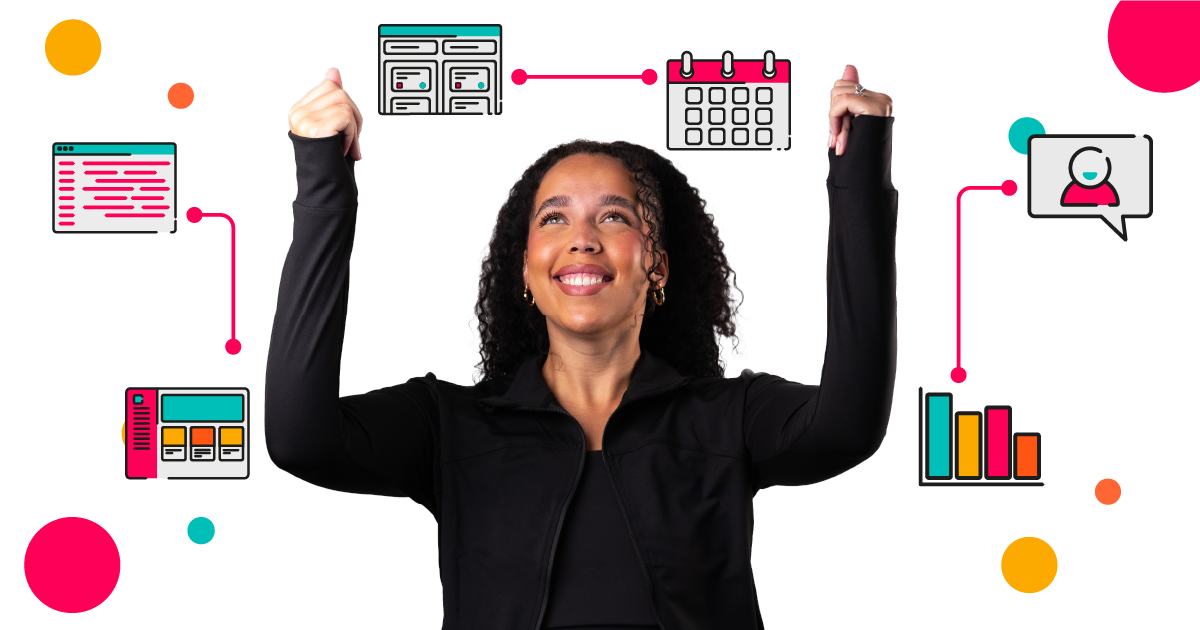 A happy woman surrounded by connected apps