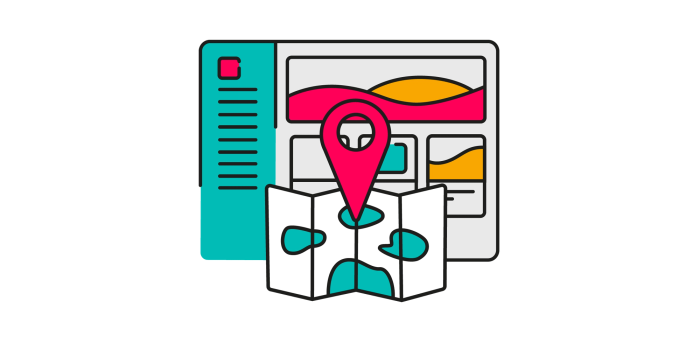 a map with a pink location pointer in front of a confluence page