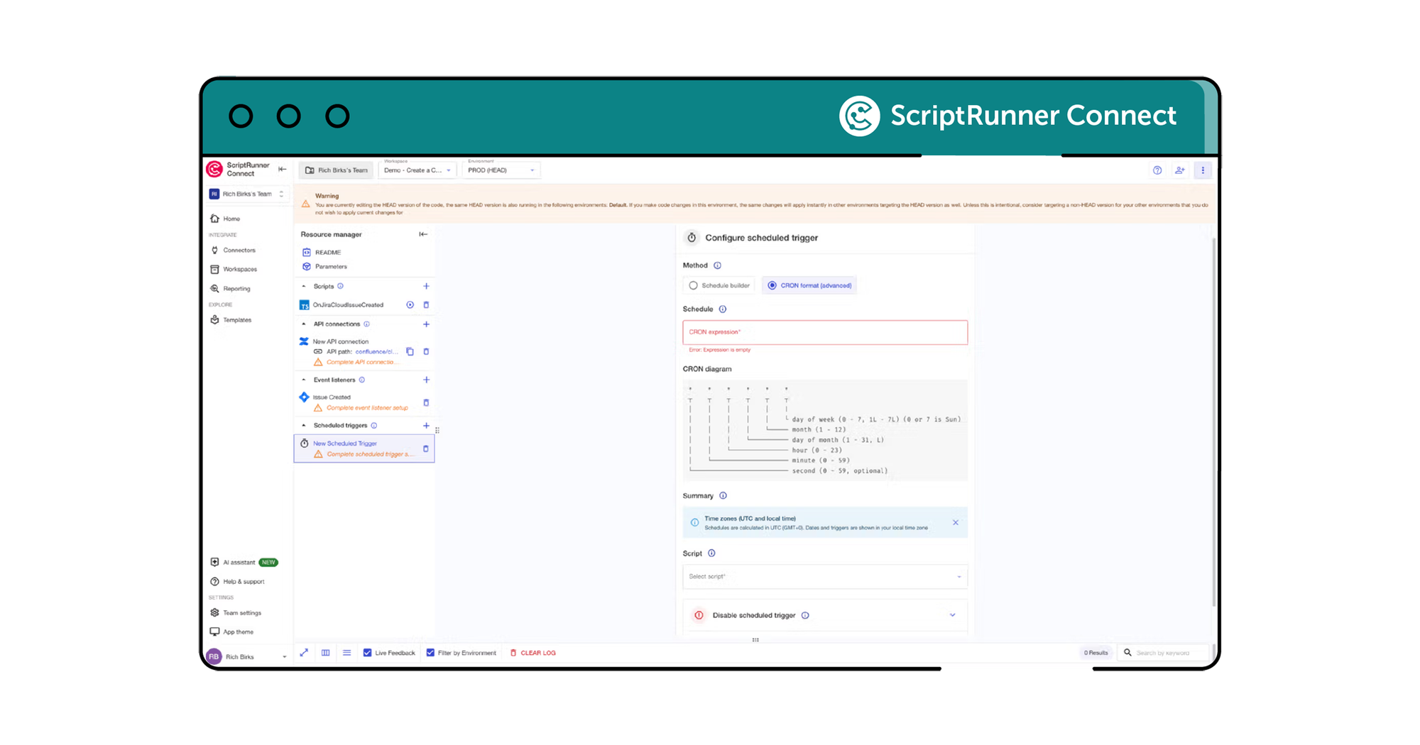 ScriptRunner Connect screenshot of scheduled triggers in cron format