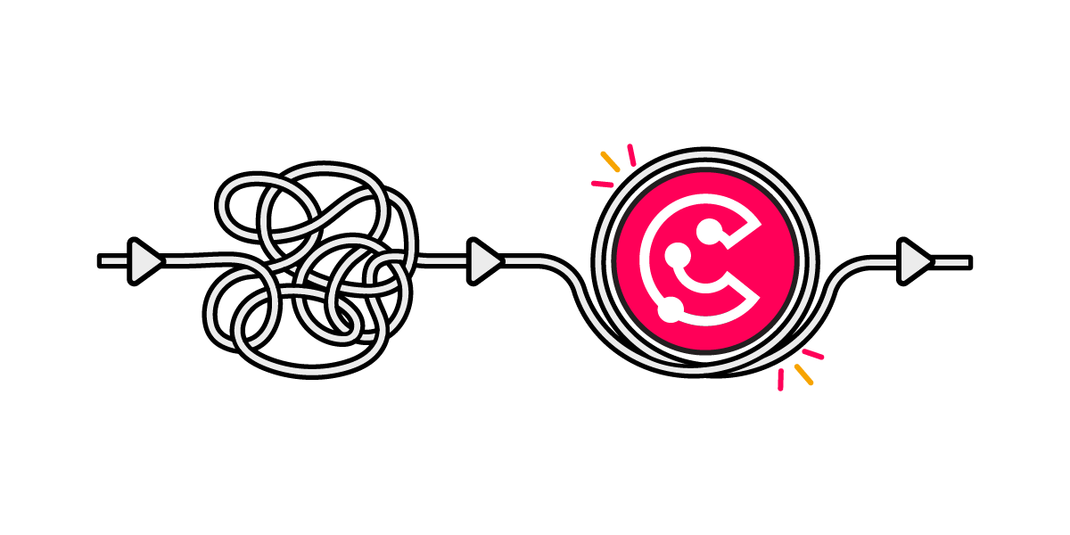 A messy cable is tidied up around the ScriptRunner Connect logo