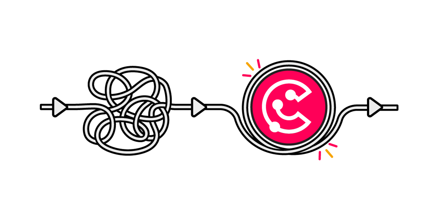 A messy cable is tidied up around the ScriptRunner Connect logo
