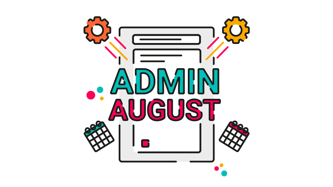 a webpage with Admin August written across, coloured cogs and calendar icons fly out from the sides